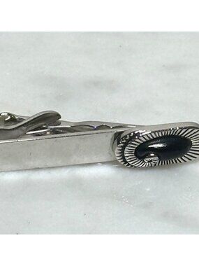 Vintage Swank Silver Tone Tie Clip Black Stone Minimal Mid Century